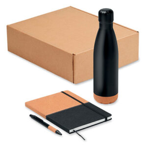 Gavesæt med notesbog, kuglepen og flaske